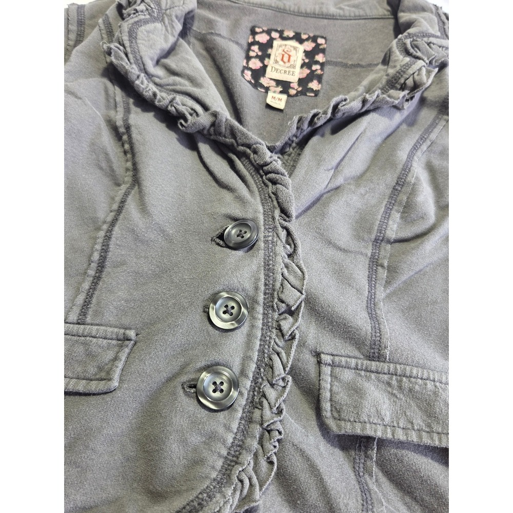 Decree Gray Ruffle Knit Blazer Y2K 3/4 Sleeve Button Front Jacket Womens Medium - Picture 3 of 6